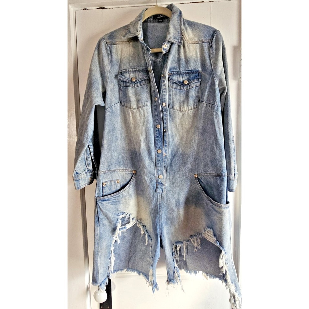 Athina woman Sz L long sleeve denim romper blue‎ distressed cut out snap button